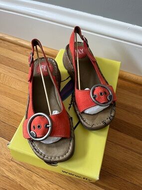 Fly London Orange/Red Leather Slingback Sandals